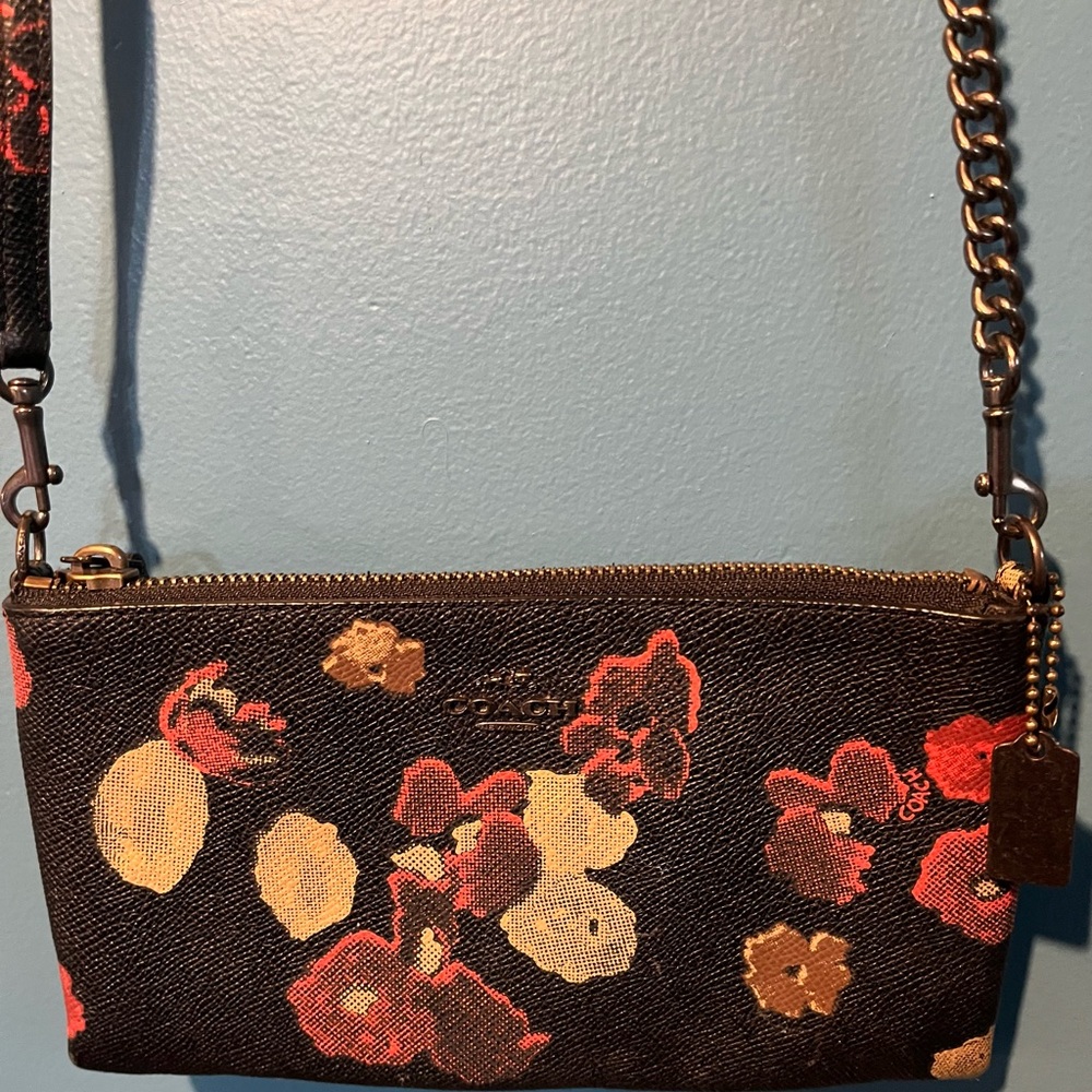 Coach Black red Floral Kylie saffiano crossbody clutch purse